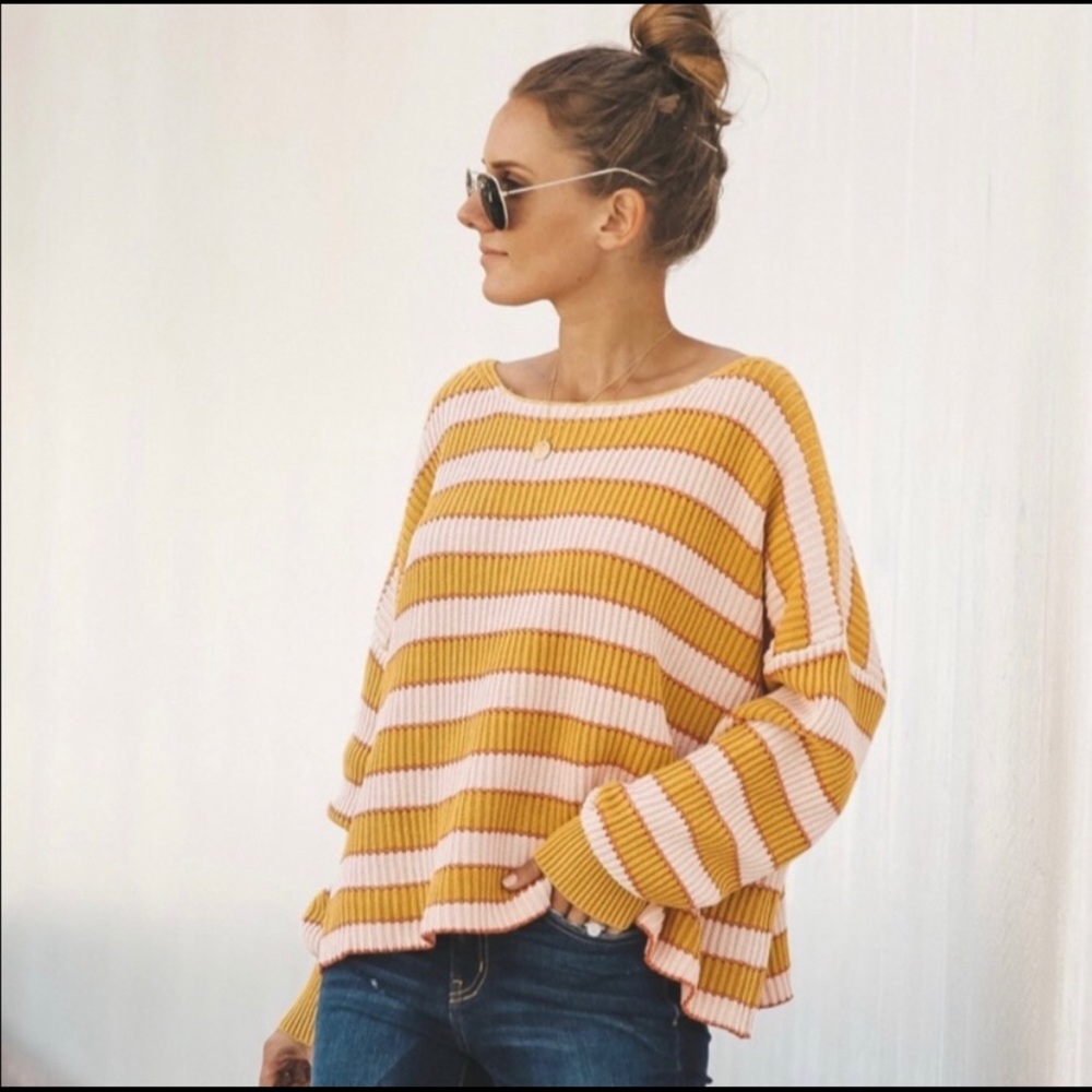 Vici Collection Gold and Pink Striped Boatneck lightweight Sweater
